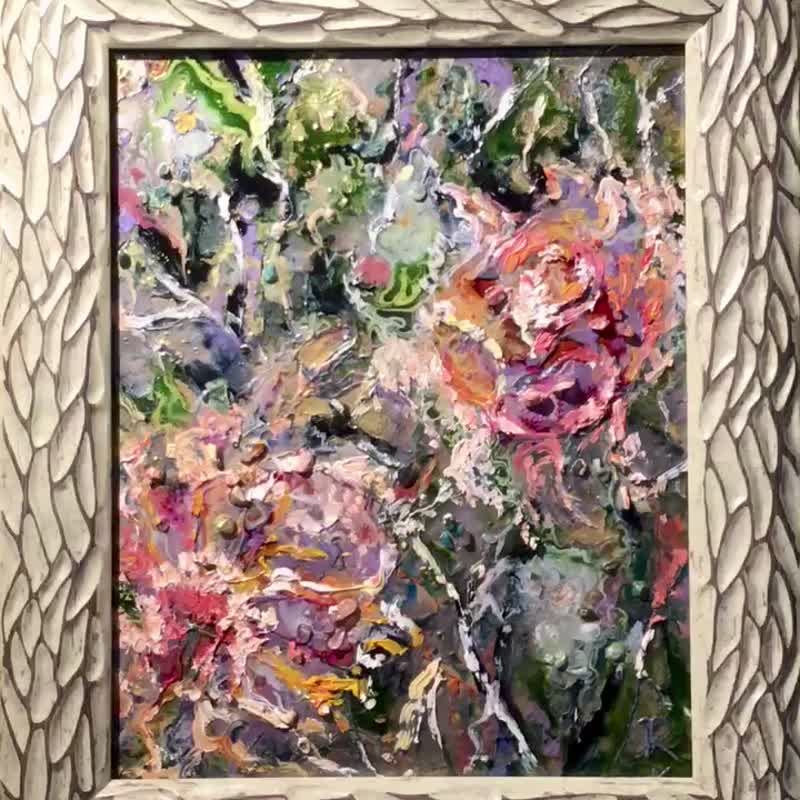 Flowers fantasy oil mix media painting on glass - 壁貼/牆壁裝飾 - 玻璃 粉紅色