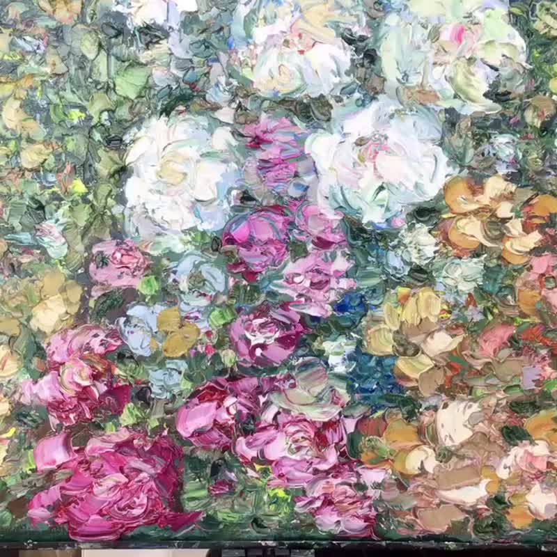 Flower garden oil impasto painting on large canvas,home decoration - 壁貼/牆壁裝飾 - 紙 多色