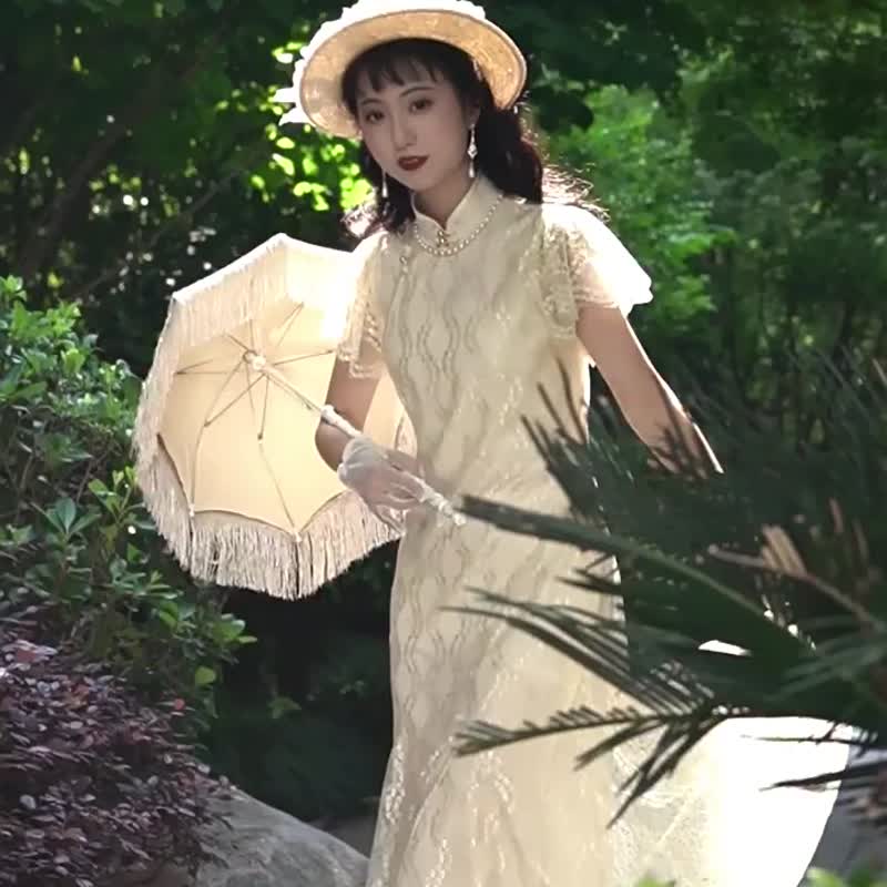 夏日舞會淡黃色夏季新款雙層蕾絲魚尾擺顯瘦平裁改良旗袍 - 旗袍/改良式旗袍 - 其他材質 黃色