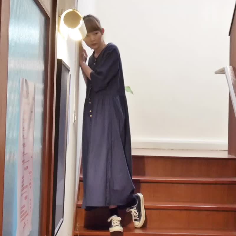 One Piece Button Dress - Navy Blue - 洋裝/連身裙 - 棉．麻 藍色