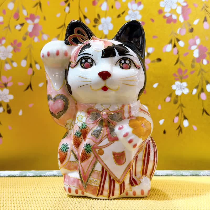 【莓舞甜心】日本清水燒招財貓 - 黑地紅葉 - 擺飾/家飾品 - 瓷 黑色