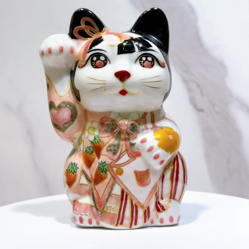 แมวนำโชคญี่ปุ่น ชิมิซึ-ยากิ - พื้นสีดำและใบไม้สีแดง - ของวางตกแต่ง - เครื่องลายคราม สีดำ