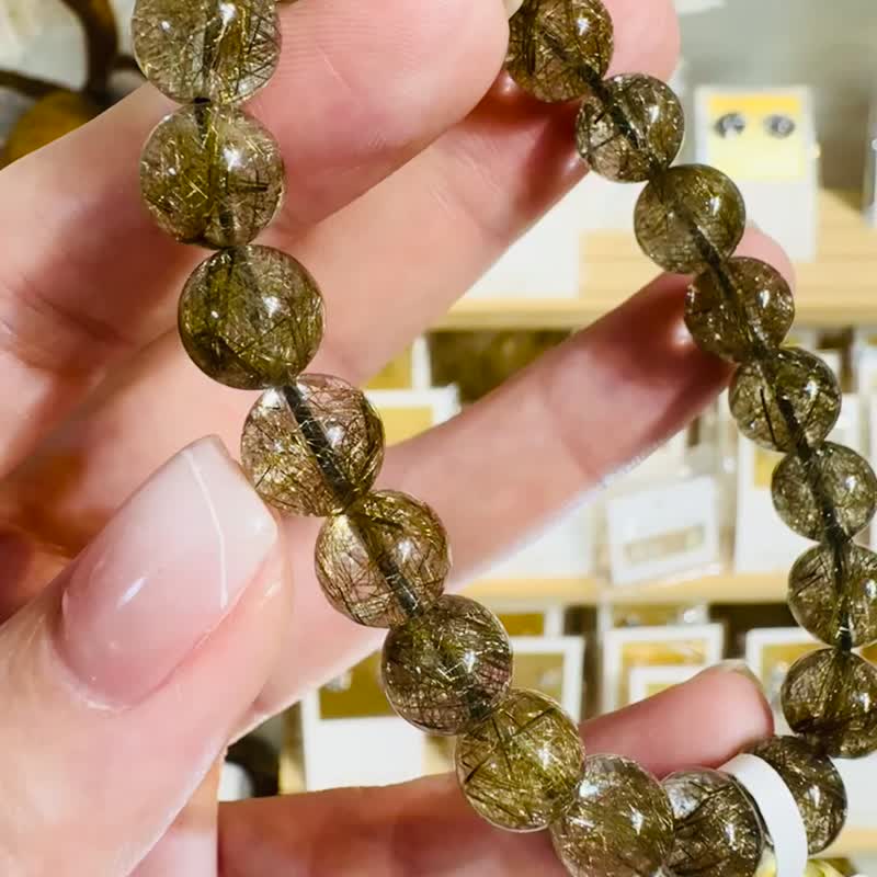 精品級天然金銀銅髮魔鬼髮晶9mm22.86g鋼絲球效應避邪擋煞招財 - 手鍊/手環 - 水晶 多色