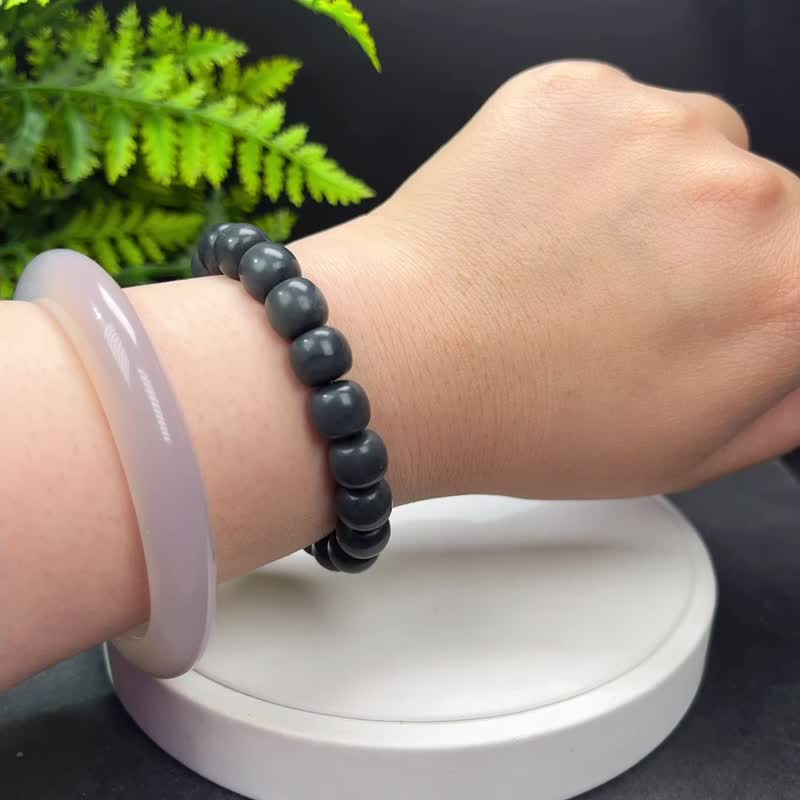 Hotan jade ink jade old type bead bracelet 10mm warm old material ink blue natural jade bracelet with certificate - สร้อยข้อมือ - หยก สีดำ