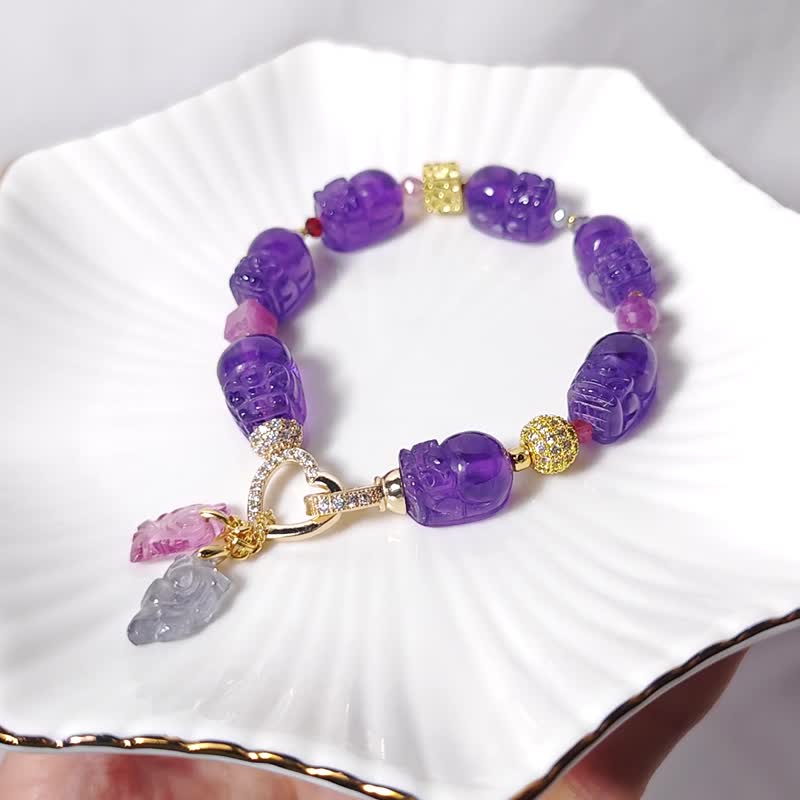 紫水晶 貔貅 紅寶石 尖晶石 大紅大紫 招財 智慧 手鍊 單品 禮物 - 手鍊/手環 - 寶石 紫色