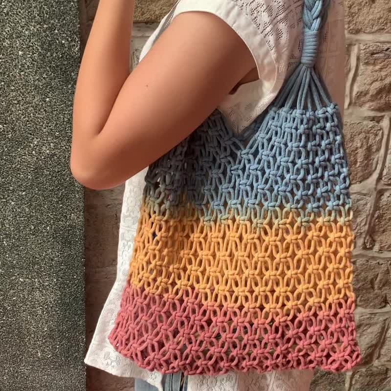 Rainbow hand-dyed woven tote bag/summer accessories/artisan hand rendering - Other - Cotton & Hemp Multicolor