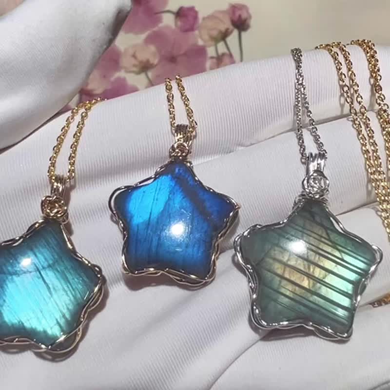 純手工進口14K包金繞線彩色拉長石星星玫瑰花吊墜 - 項鍊 - 寶石 多色