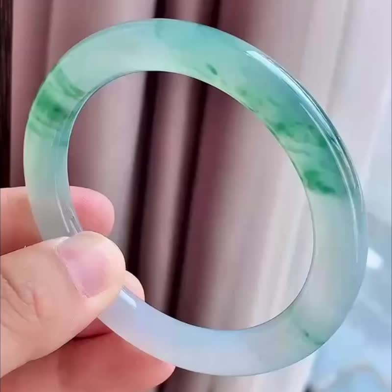 冰種 天然翡翠 緬甸 A玉 玉鐲 • 冰種飄花翡翠圓鐲 - 手鍊/手環 - 玉石 綠色