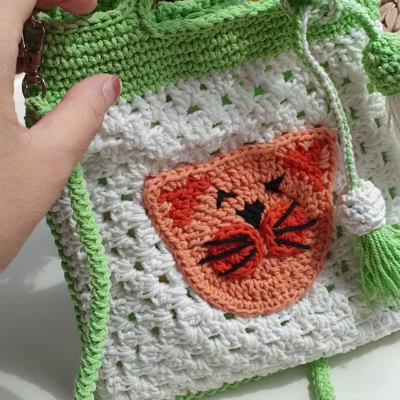 Handmade crochet bag with a compartment on the back. pink girl pattern - Handbags & Totes - Cotton & Hemp Green