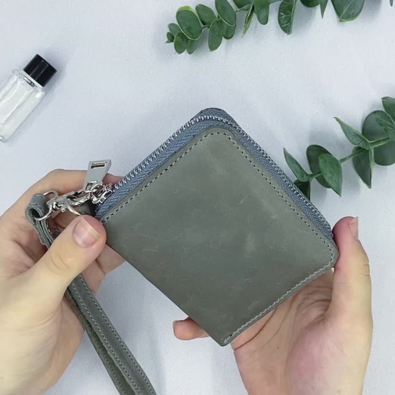 Womens Leather Mini Zip Wallet with Wrist Strap / Handmade Wallet / Hand Wallet - 長短皮夾/錢包 - 真皮 灰色