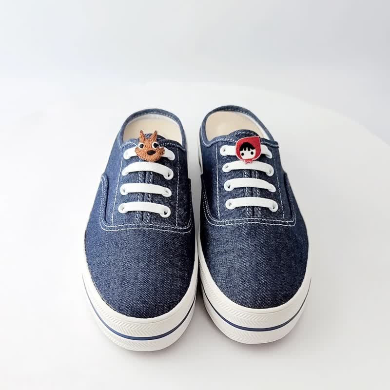 Fashionable semi-slippery slip-on shoes (wide last) slimming with front bag and back space Little Red Riding Hood and the Big Bad Wolf - Denim Blue - รองเท้าลำลองผู้หญิง - ผ้าฝ้าย/ผ้าลินิน สีน้ำเงิน