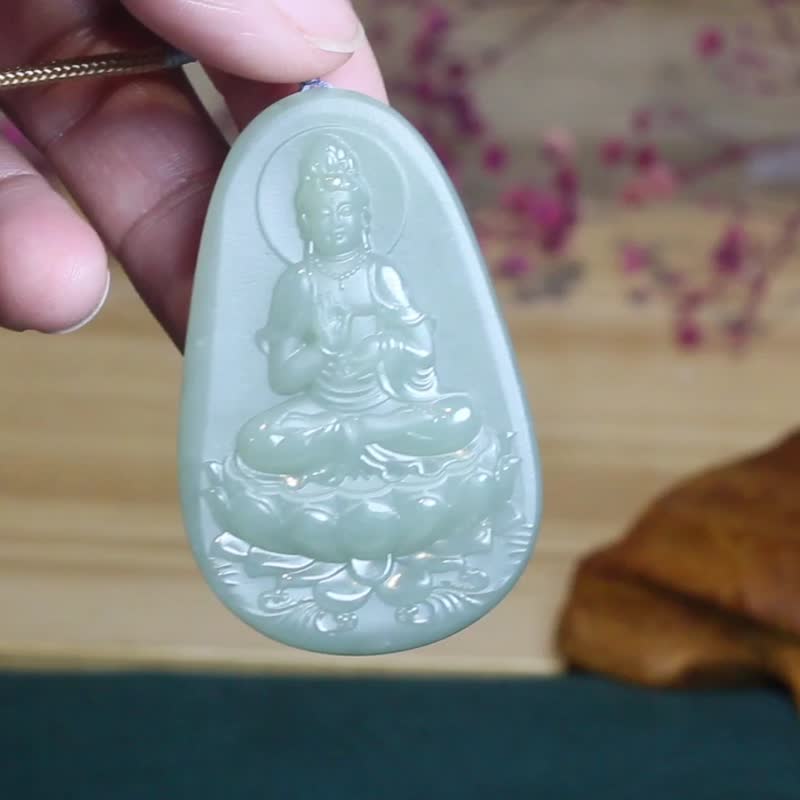 【Avalokitesvara Bodhisattva】Boutique Jade Pendant/Lotus Avalokitesvara Pendant/Natural Hetian Jade Pendant/Men's Gift - สร้อยคอ - หยก สีเขียว