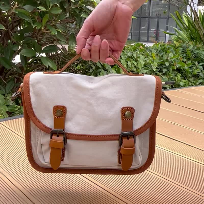 Retro canvas messenger bag, forest canvas school bag, vegetable tanned leather Cambridge bag, back to school season - Messenger Bags & Sling Bags - Genuine Leather Khaki