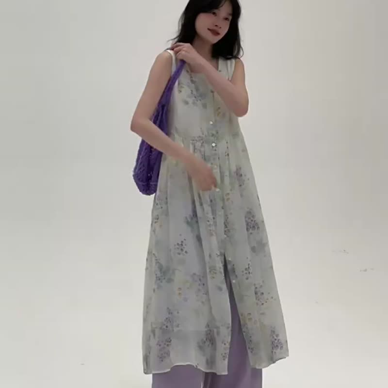 山野花背心洋裝 碎花小方領背心裙 文藝復古小眾長裙 - 洋裝/連身裙 - 棉．麻 卡其色