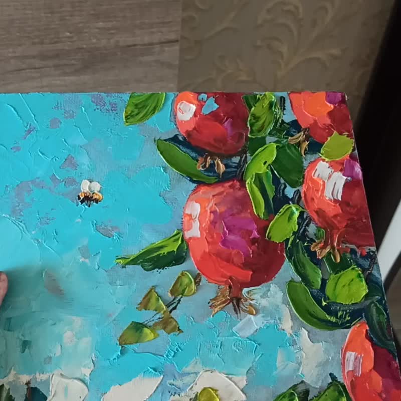 枝に咲くザクロ キャンバスボードに油絵 25x20cm フルーツ オリジナルアート - ポスター・絵 - その他の素材 多色