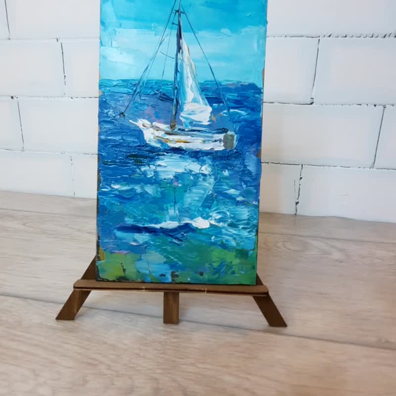 Boat painting Original oil painting Seascape oil art Nautical painting Sailboat - 海報/掛畫/掛布 - 其他材質 藍色