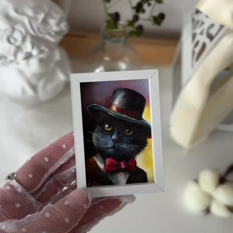 Mini painting Black cat, Cat framed poster, Animal decor, Cat portrait tiny art - 擺飾/家飾品 - 壓克力 多色
