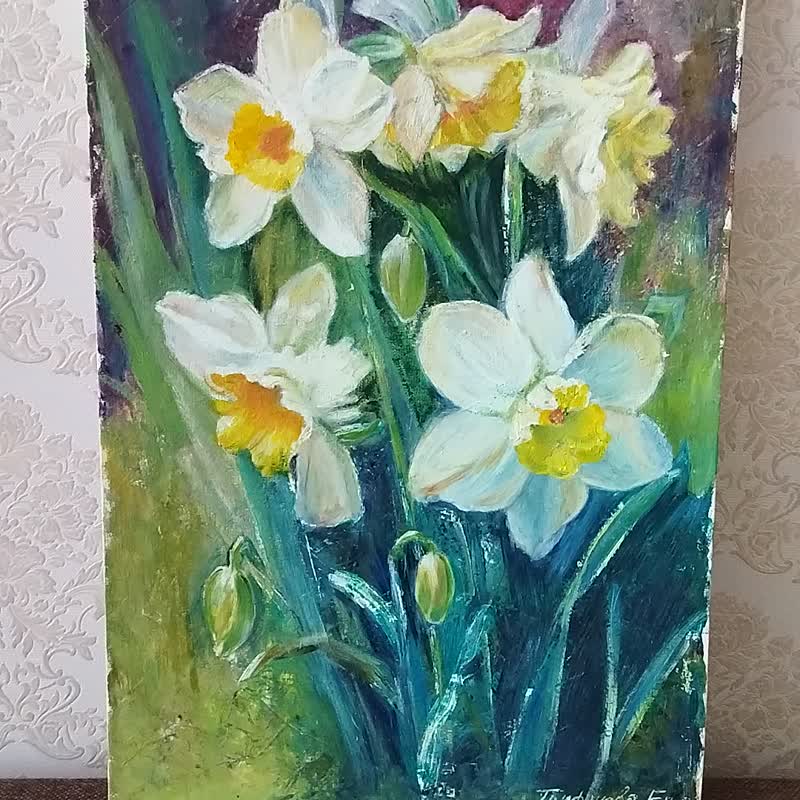 Bouquet of flowers original oil painting on canvas - Posters - Cotton & Hemp Green