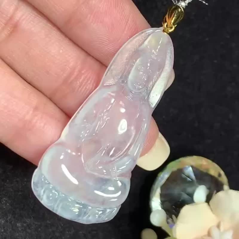 冰種 天然翡翠 緬甸A玉頸鏈 • 18K金高冰種觀音翡翠吊墜 - 項鍊 - 玉石 白色