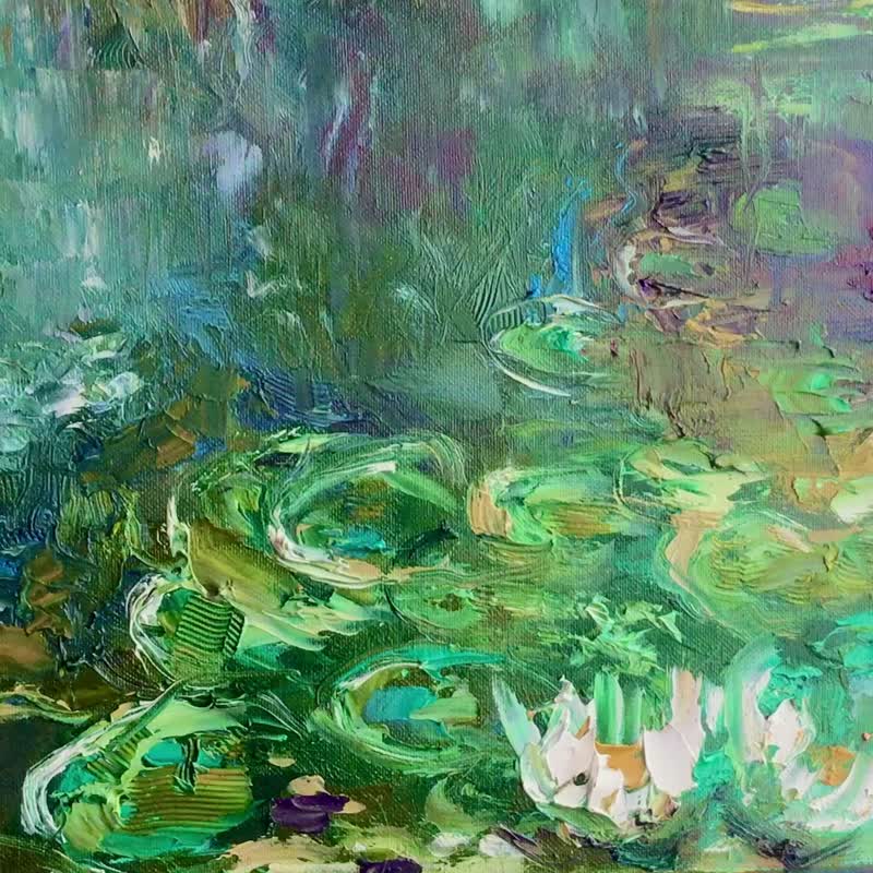 Pond of Serenity Original Monet-Inspired Lilies Pond Impasto Painting, 40x80 cm, - 壁貼/牆壁裝飾 - 其他材質 綠色