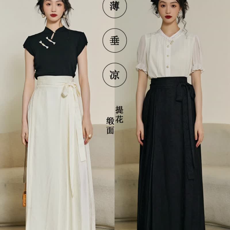 新中式國風黑白兩色一片式馬面裙洋裝 - 裙子/長裙 - 其他材質 多色