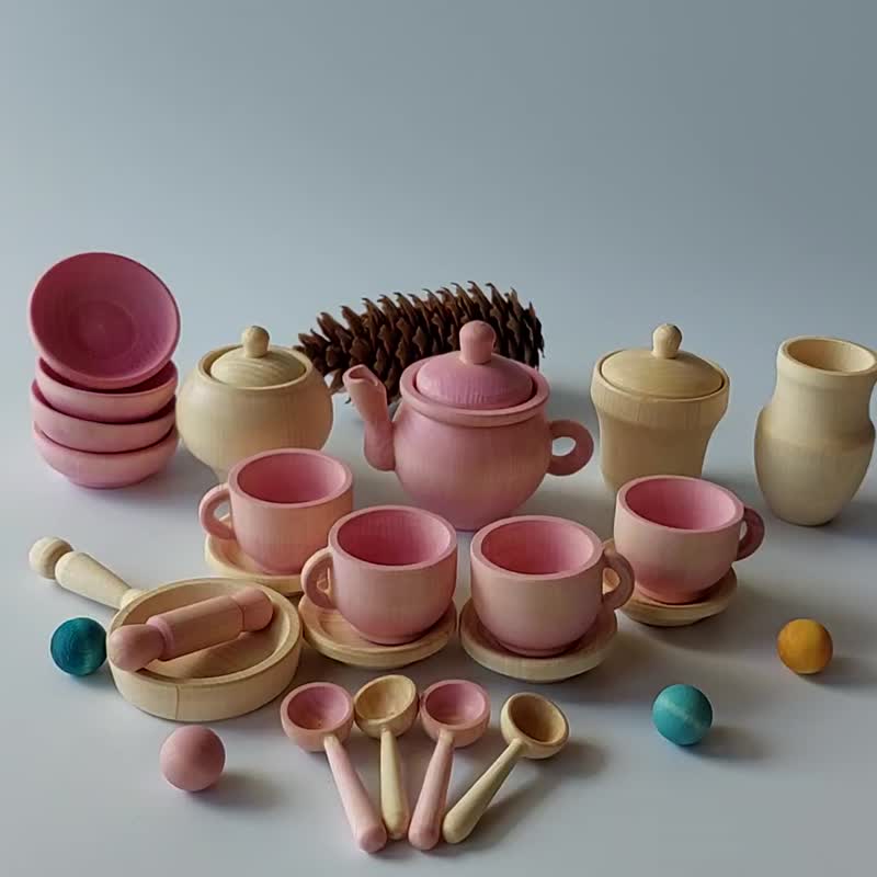 Wooden tea set Montessori Baby Toys Play kitchen Baby gift Montessori wood toys - 寶寶/兒童玩具/玩偶 - 木頭 粉紅色