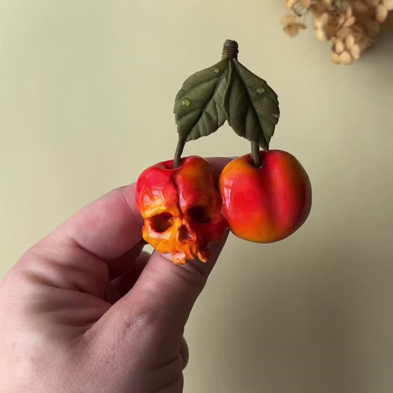 Bright cherry brooch with a skull, handmade pin, berry jewelry, brooch pin - Brooches - Plastic Orange