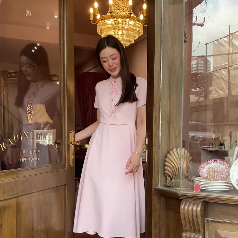 Capheny Ivy dress with a bow tie - Pink (Cocktail dress, evening dress) - ชุดเดรส - เส้นใยสังเคราะห์ สึชมพู