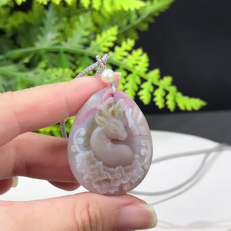 高品質鹽源瑪瑙吊墜項錬粉紫啞光手雕一鹿生花富貴吉祥福祿同壽 - 項鍊 - 半寶石 