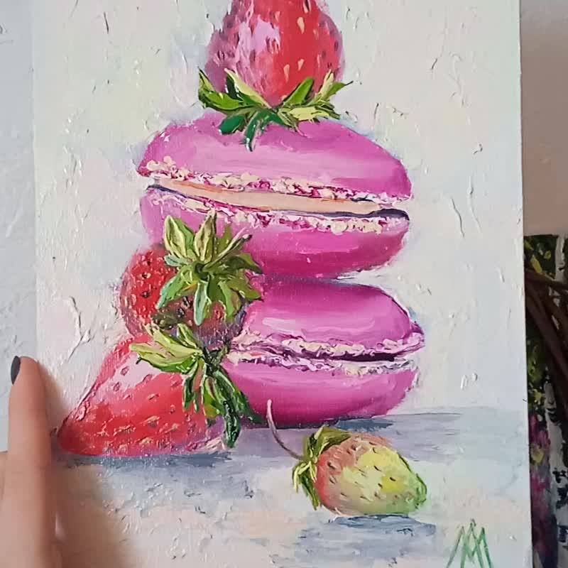 Strawberry Painting Original Art Oil Painting Strawberry Artwork Oil on Canvas - ตกแต่งผนัง - วัสดุอื่นๆ สึชมพู