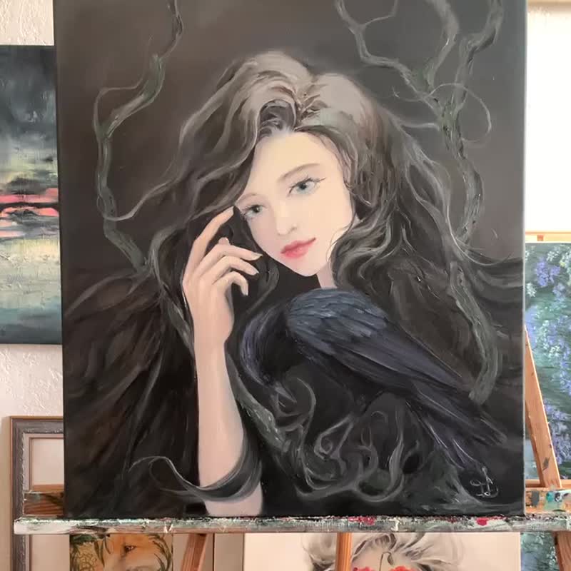 女性の絵画の肖像画 オリジナル絵画 油彩 キャンバスにカラスを持つ