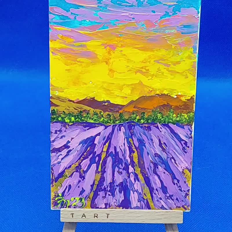 Mountains #9. Summer. Flower fields. Impressionism. Original work. Wall mini art - Wall Décor - Other Materials Purple
