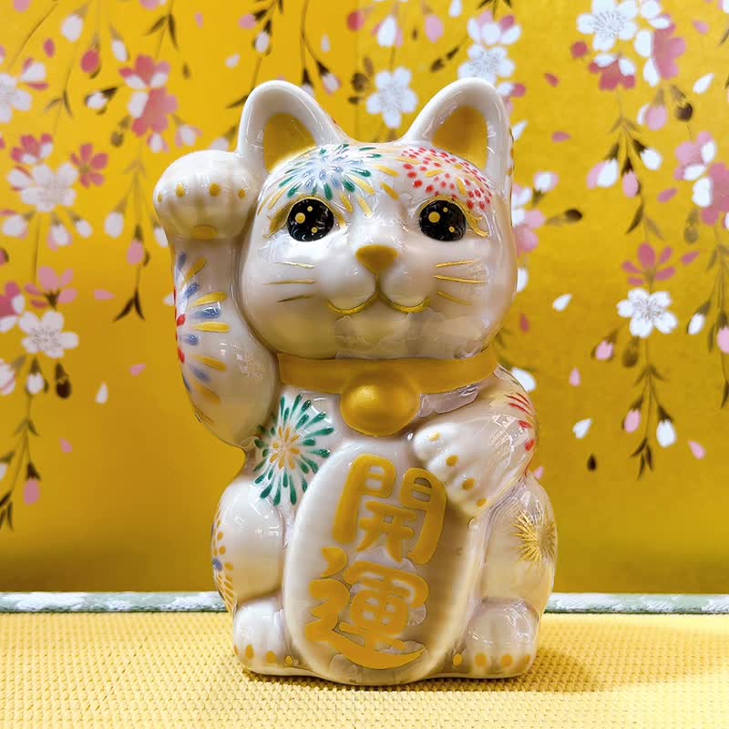 【花火招祥】日本清水燒招財貓 | 花結晶 杏 - 花火 開運 - 擺飾/家飾品 - 瓷 卡其色