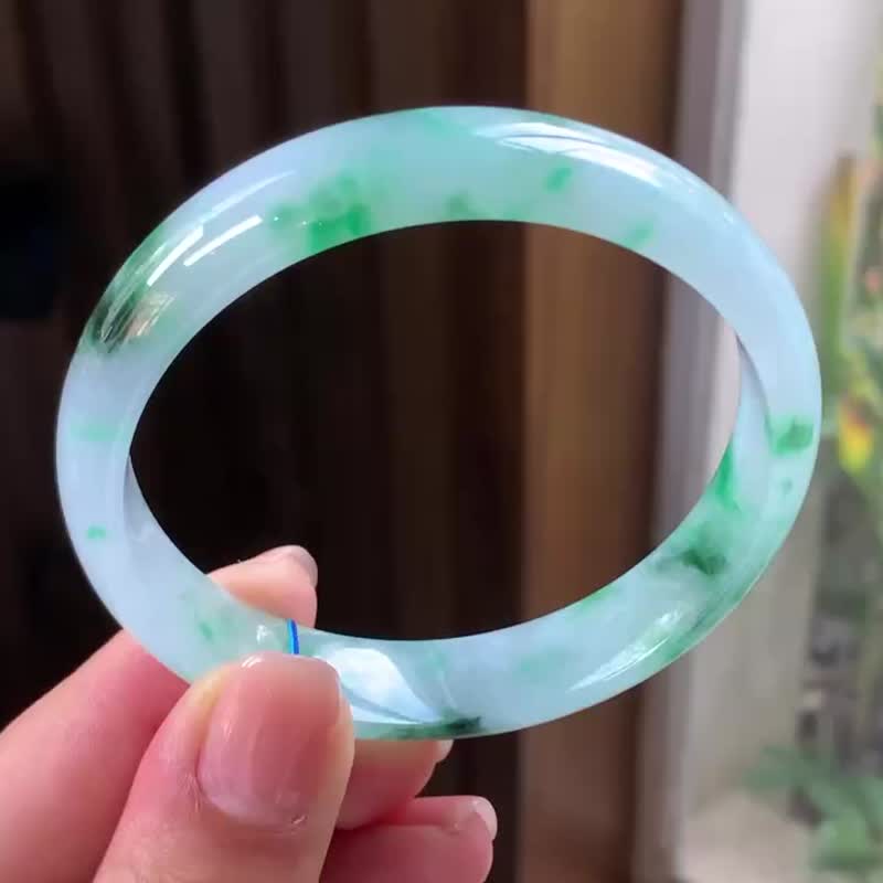 冰種 天然翡翠 緬甸 A玉 玉鐲 • 冰種飄花翡翠福鐲 - 手鍊/手環 - 玉石 藍色