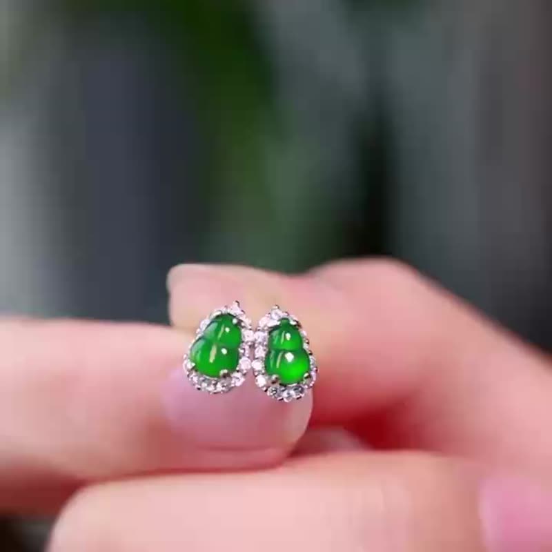天然原礦瓜地馬拉翡翠 滿綠翡翠小葫蘆 925純銀簡約滿鑽耳釘耳環f - 耳環/耳夾/耳骨夾 - 貴金屬 綠色