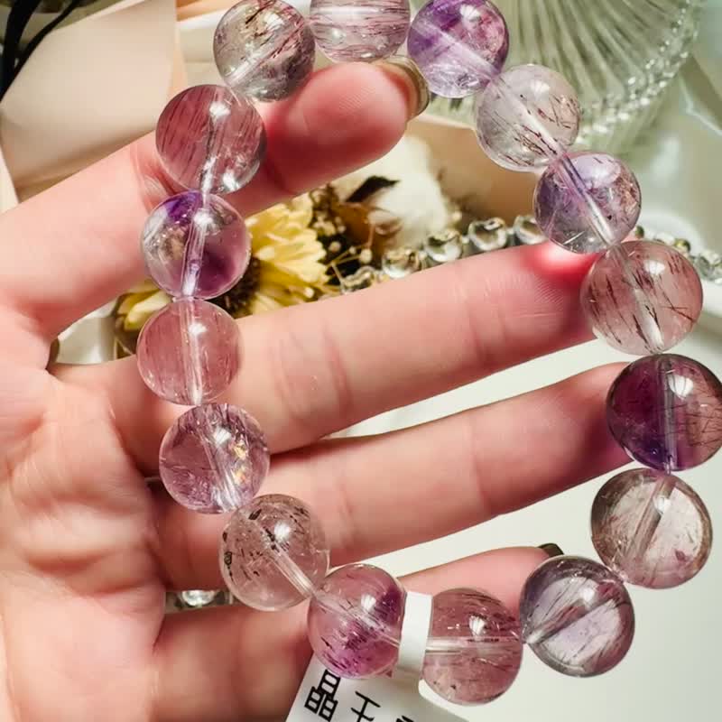 小資本清透料細絲星閃13mm53.77g紫超七帶礦帶髮三輪骨幹水晶 - 手鍊/手環 - 水晶 多色