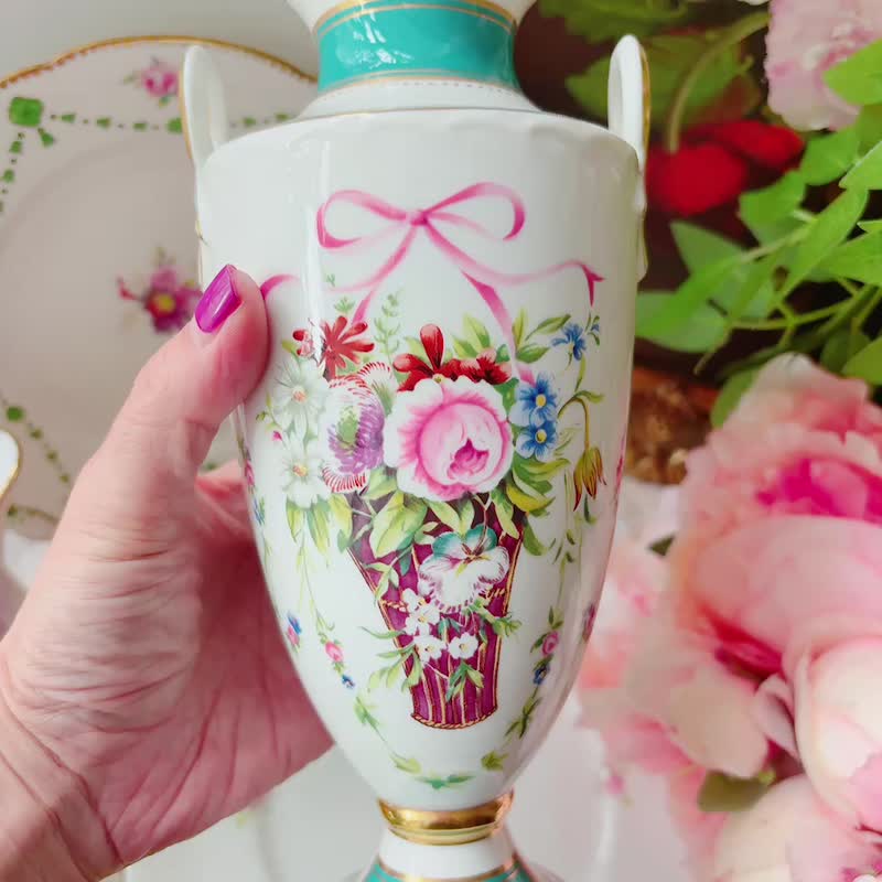 1993 年 英國 Minton 明頓手繪限量玫瑰園蝴蝶結 花瓶 花器 - 花瓶/花器 - 瓷 