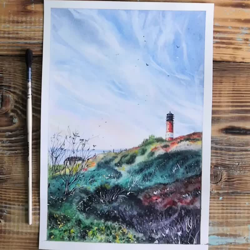 Lighthouse Painting Landscape Original Watercolor Seascape Wall Art - 海報/掛畫/掛布 - 紙 多色