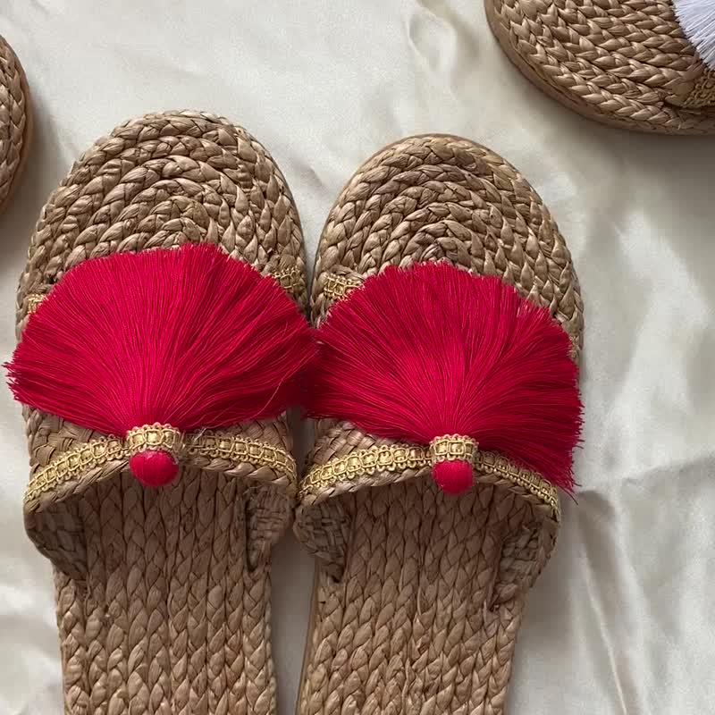 BOHOPeach Christmas Tassel Straw Sandals beach sandals ( + 1 size ) - 涼鞋 - 竹 