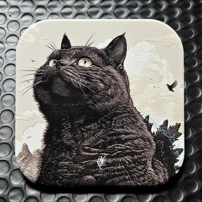 Meowgila - Ceramic Coaster - Coasters - Pottery Black