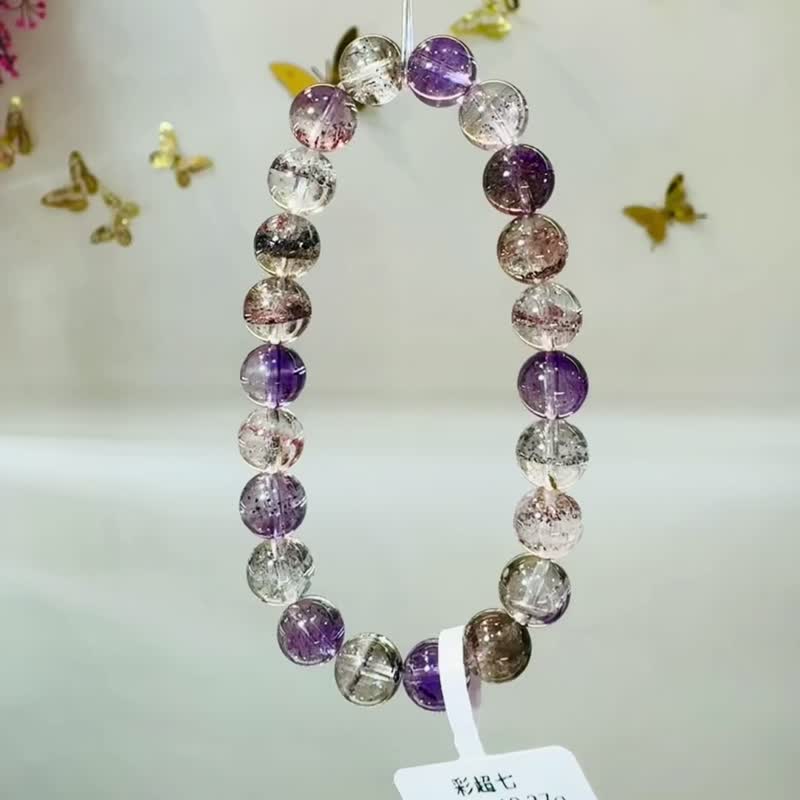 天然輕透料彩超七水晶8.5mm19.37g帶彼岸花紫超七三輪骨幹水晶 - 手鍊/手環 - 水晶 多色