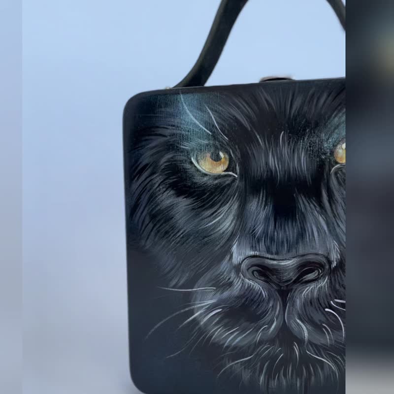 A wooden hand-painted bag PUMA with a handle and strap made of genuine leather. - Handbags & Totes - Wood Black