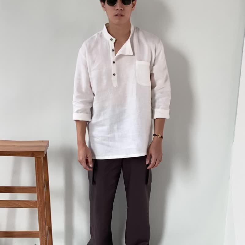 Blue &amp; J Natural Linen Black Buttons Mandarin Right Align Collar Shirt - White