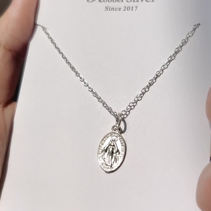 SV925 Virgin Mary Oval Coin Necklace, Adjustable - Collar Necklaces - Sterling Silver Silver