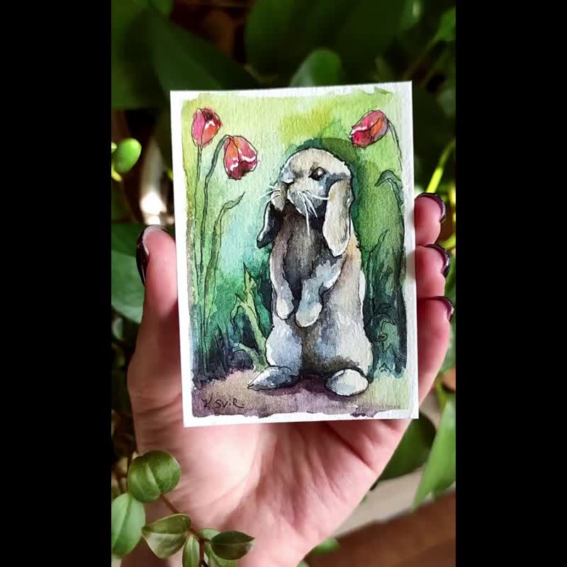 Rabbit Painting ACEO Original Watercolor Art Animal Artwork Hare Wall Art - 海報/掛畫/掛布 - 紙 多色