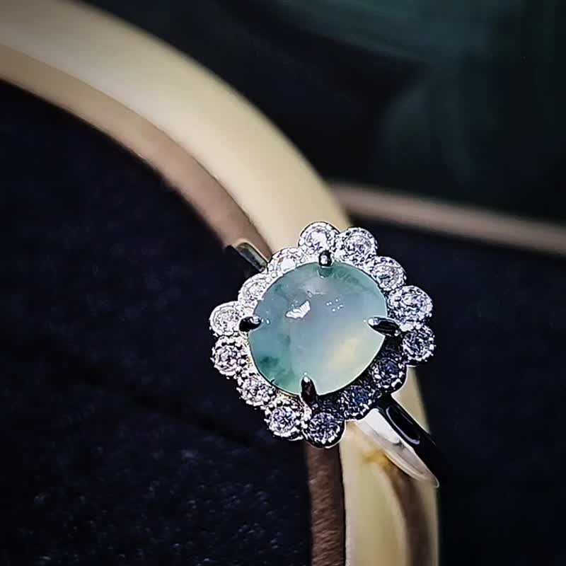 Fortune | Snow Elf | A-quality jadeite high ice clear floating flowers shining egg surface 8.2mm sterling silver plated 18k square ring - General Rings - Jade 