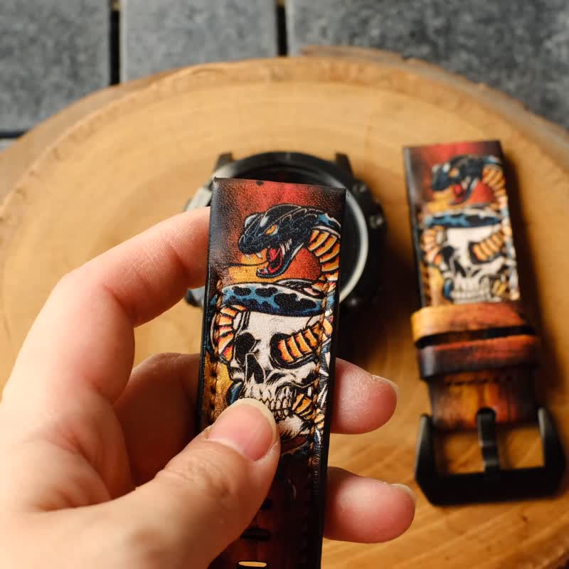 Garmin Quick Fit Watch Strap Snake and Skull Design - 錶帶 - 真皮 多色