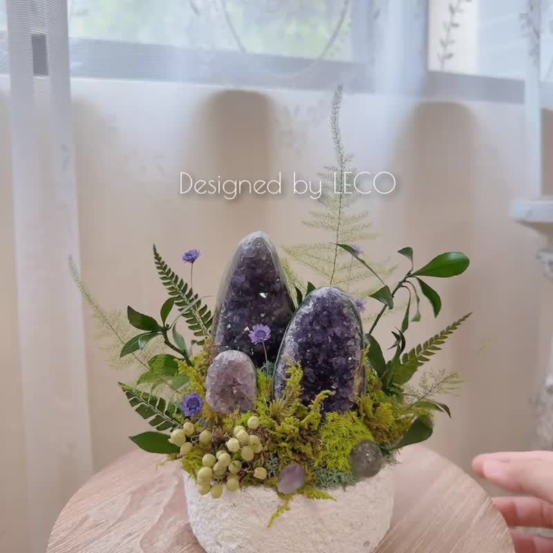 靈峰並立 登峰造極 紫水晶植景。永生葉材綠 - 盆栽/植栽 - 水晶 紫色