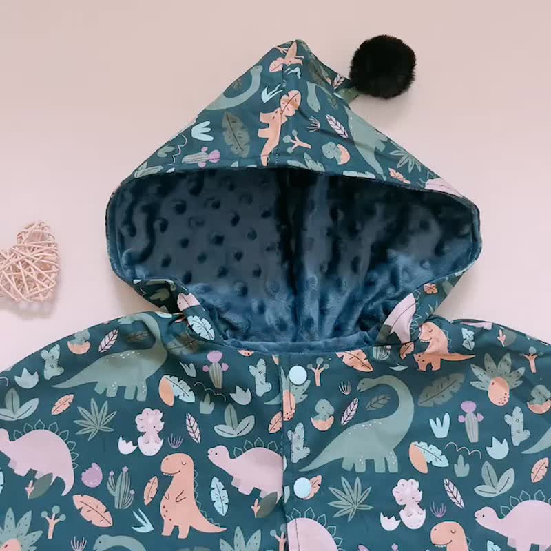 Children's Cloak I Dinosaur Blue I Beanie Cloth Warm Lined Blanket Jacket - Coats - Cotton & Hemp 