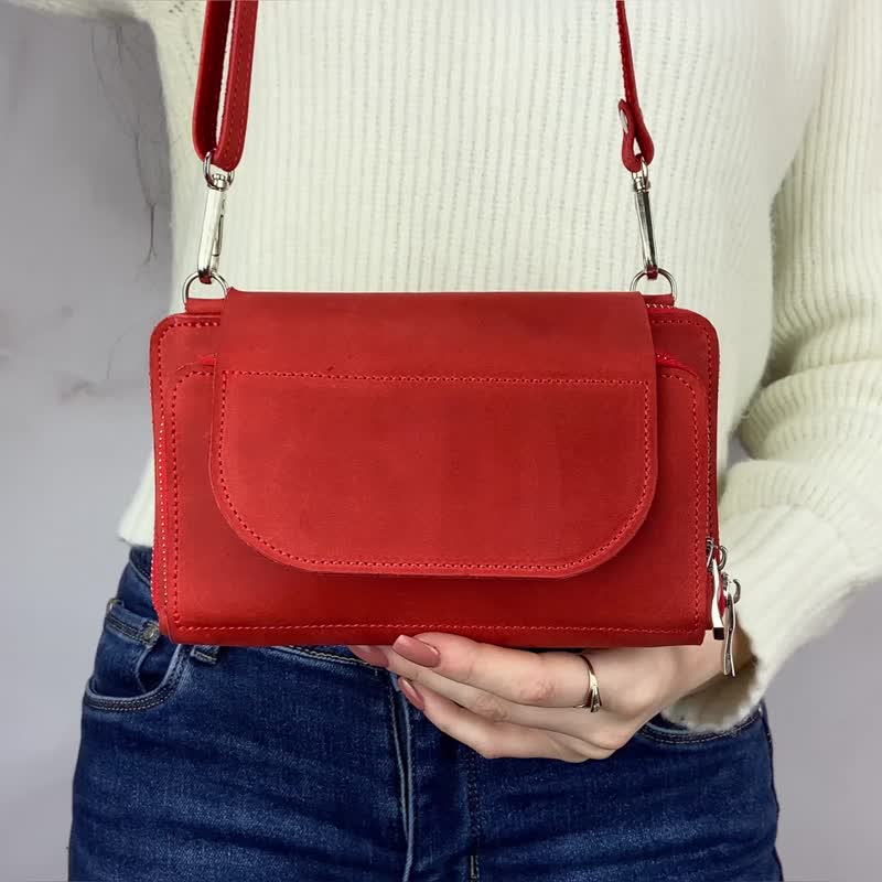 Red Leather Phone Bag/ Crossbody Wallet Purse for Women/ Shoulder Messenger Bag - กระเป๋าคลัทช์ - หนังแท้ สีแดง